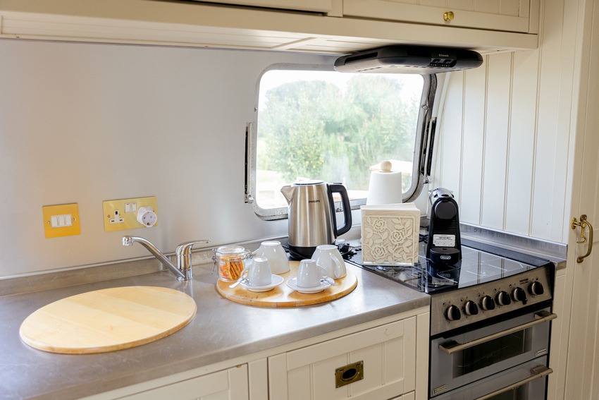 Airstream Petrarolo kitchen space with countertop and storage